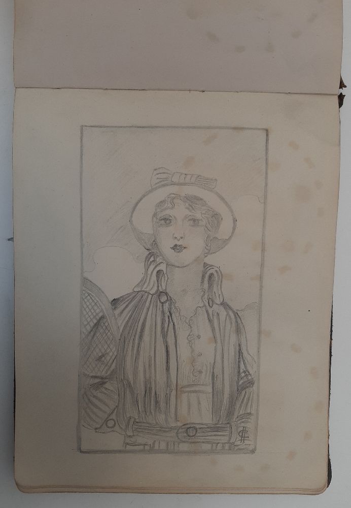 A blue suede album of amateur original drawings and watercolours relating to Goring Hall Auxiliary - Image 6 of 10