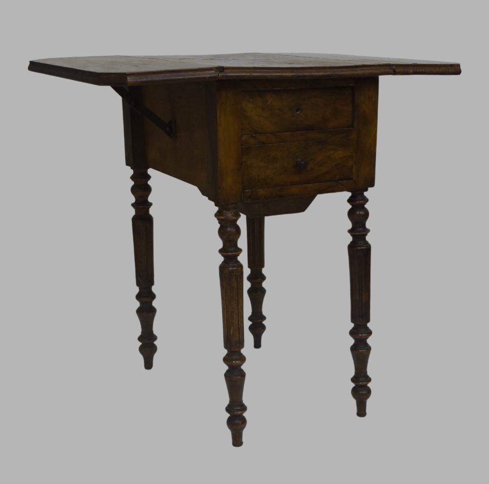 A walnut drop leaf work table, 19th century and later, with two drawer and cupboard door to the - Image 2 of 3