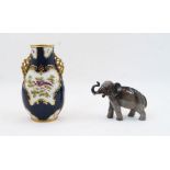 A Worcester style porcelain cobalt blue ground vase, late 19th century, with pierced twin handles