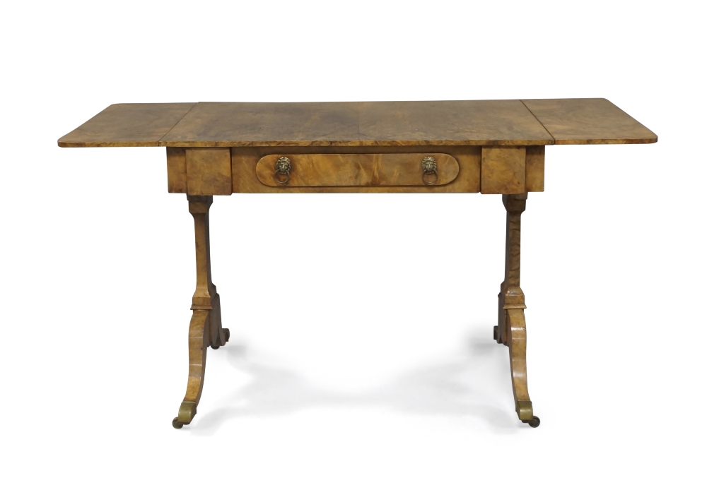 A George III style walnut sofa table, late 19th century, the drop leaf top above single drawer, - Image 3 of 7