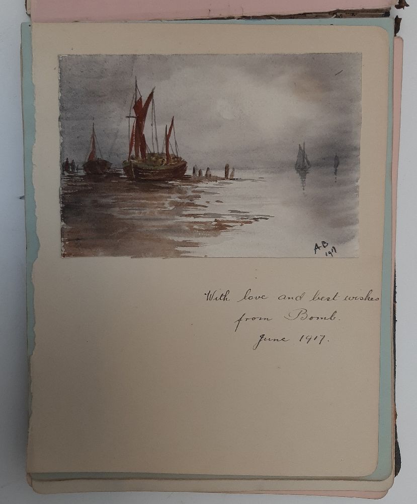 A blue suede album of amateur original drawings and watercolours relating to Goring Hall Auxiliary - Image 4 of 10