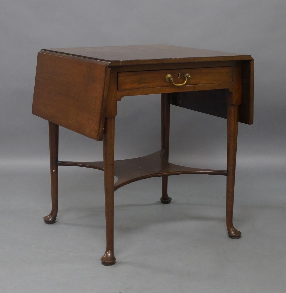 A George III mahogany pembroke table, the square top with drop leaves, above single drawer, raised