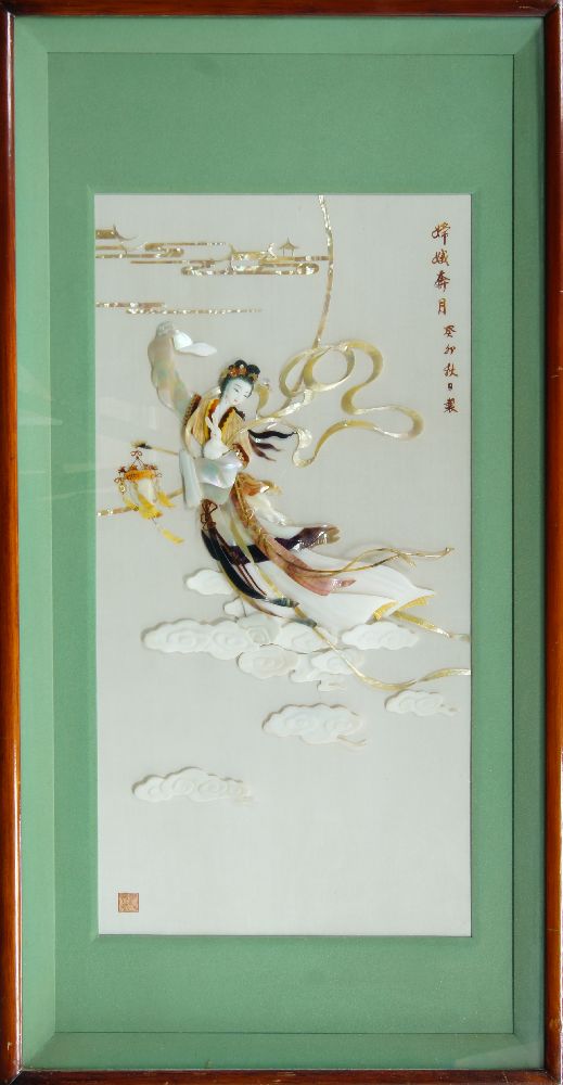 Three Chinese shell paintings, 20th century, depicting Change flying to the moon, double