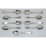 A small group of eight silver fiddle pattern teaspoons, comprising: five Scottish examples, Glasgow,