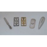 A small collection of silver and white metal bookmarks, to include: a silver example in the form