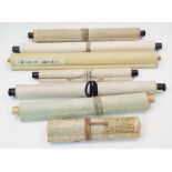 Seven Japanese scrolls, 20th century, comprising a calligraphy dated 1928 with two seals of the