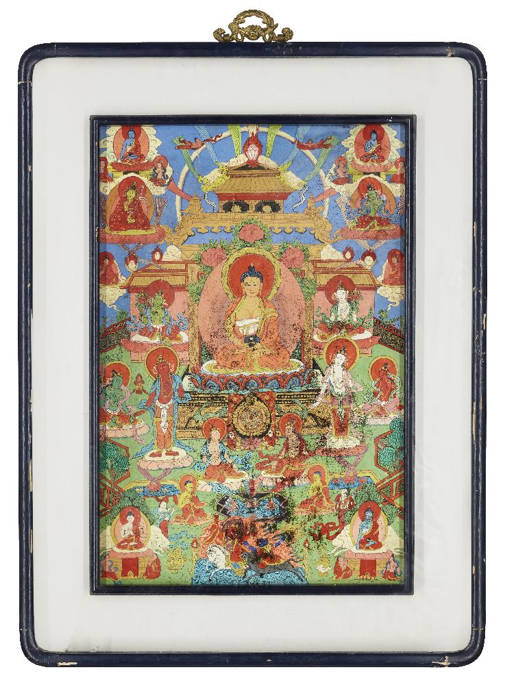 A Tibetan thangka on canvas of Shakyamuni Buddha, 19th century, depicted seated on a lotus base - Image 2 of 2