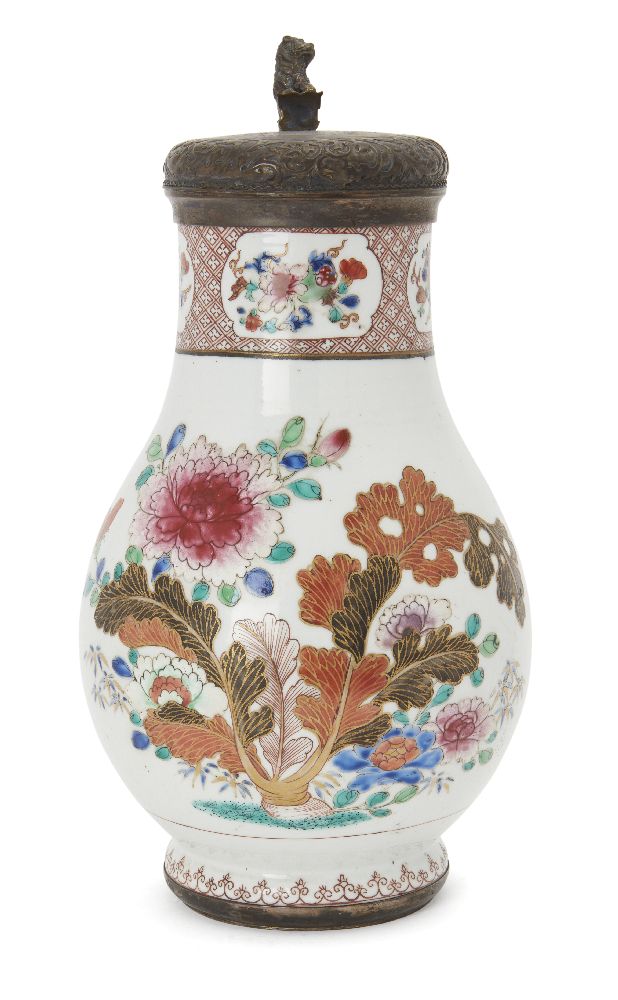 A Chinese famille rose silver-mounted baluster jug, Qianlong period, painted with flowering shrubs - Image 2 of 2