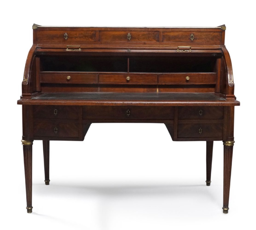 A French brass inlaid mahogany cylinder bureau, 19th century, the brass galleried white marble top - Image 2 of 3