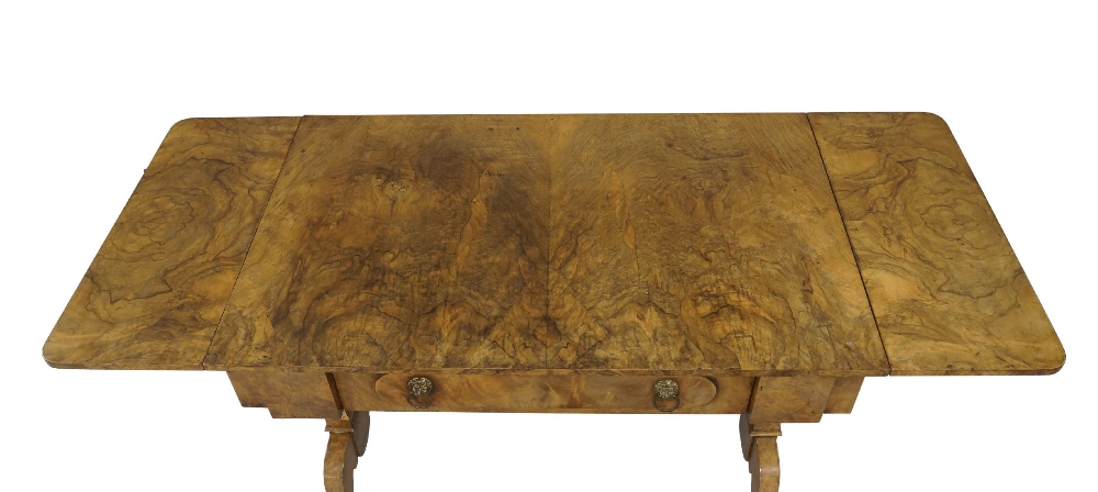 A George III style walnut sofa table, late 19th century, the drop leaf top above single drawer, - Image 4 of 7