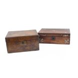 Two mahogany writing boxes, 19th century, one with mother of pearl inlay to the box and lid, opening