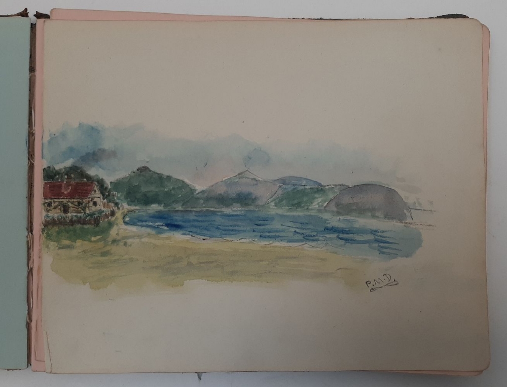 A blue suede album of amateur original drawings and watercolours relating to Goring Hall Auxiliary - Image 5 of 10