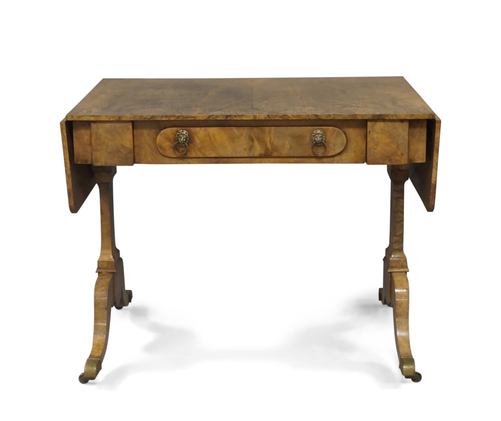 A George III style walnut sofa table, late 19th century, the drop leaf top above single drawer, - Image 2 of 7