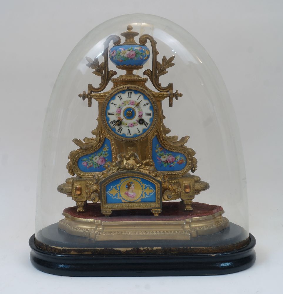 A French gilt metal and Sevres style porcelain mounted mantel clock, late 19th century, the movement