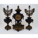 A French gilt-bronze mounted porcelain clock garniture, late 19th century, the case and garniture