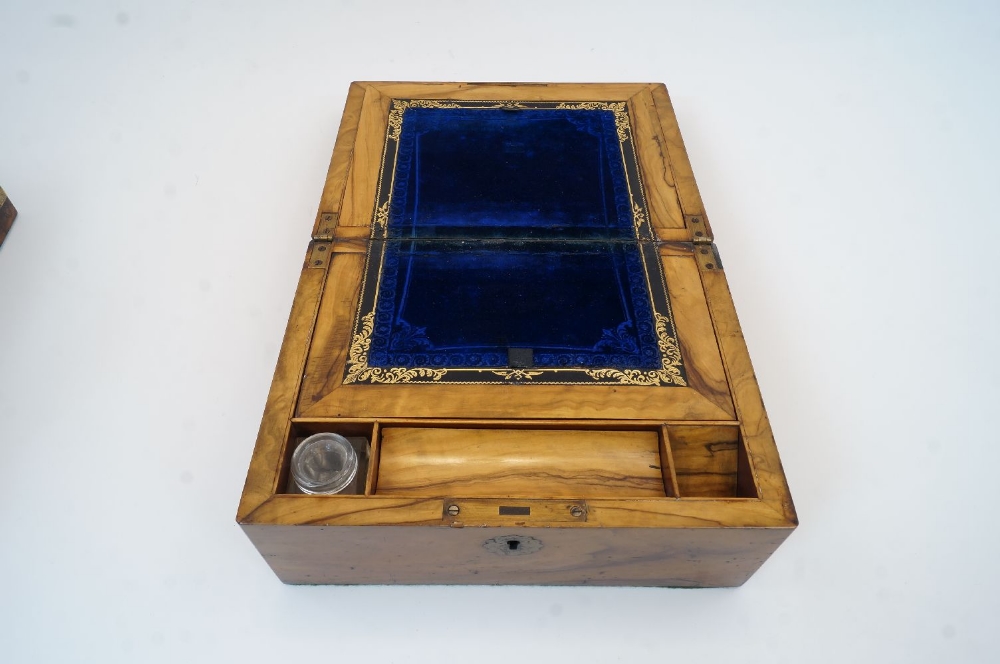 Two Victorian walnut brass bound writing boxes, the larger with inscribed brass shield plaque to the - Image 2 of 3