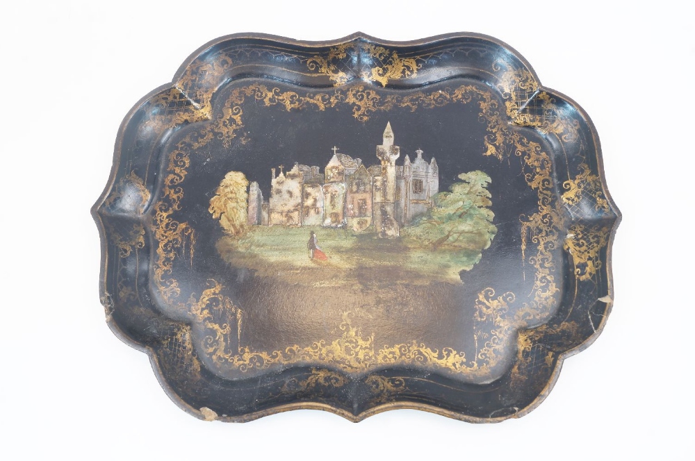 A Victorian papier mache tray, late 19th century, decorated with mother-of-pearl inlaid country