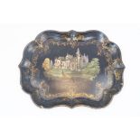 A Victorian papier mache tray, late 19th century, decorated with mother-of-pearl inlaid country