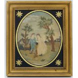 Two framed embroidered silk pictures, within verre eglomise surrounds, early 19th century, one