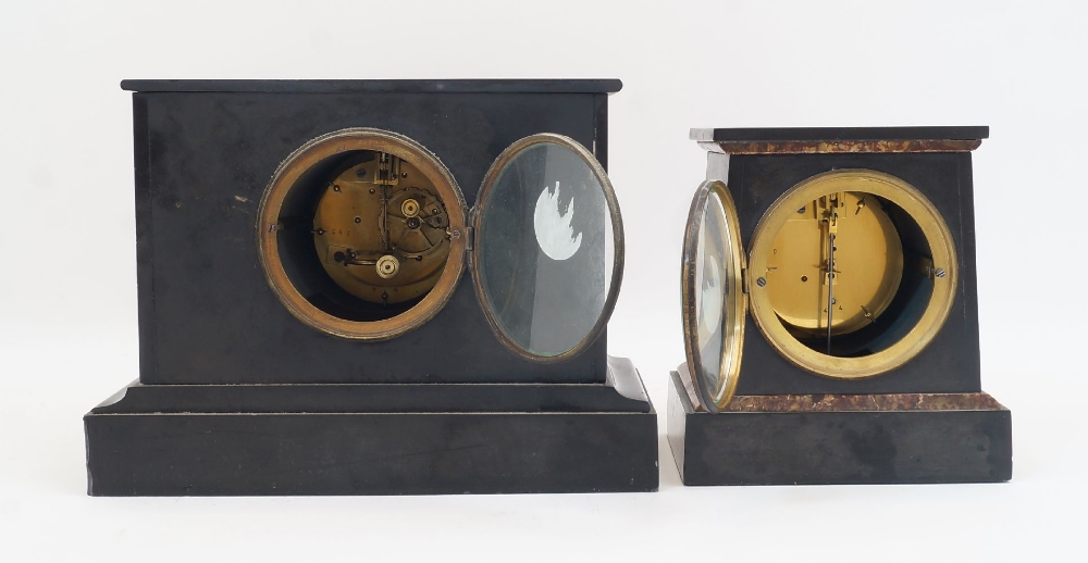 A French black slate and marble mantel clock, late 19th century, with architectural case on shaped - Image 2 of 4