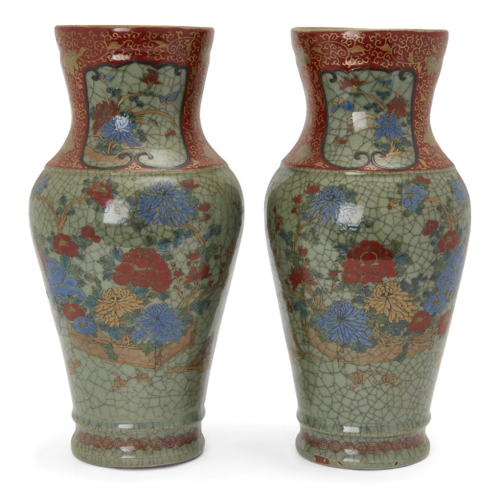 A pair of Chinese stoneware celadon vases, 19th century, each enamelled with peonies and