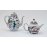 Two Chinese teapots, 20th century, one of ovoid form with reeded handle and curved spout, painted to