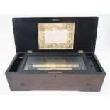 A Swiss ebonised and marquetry cylinder music box, late 19th century, the rectangular case with