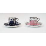 Two Minton Secessionist coffee cups and saucers, late 19th / early 20th century, comprising: a
