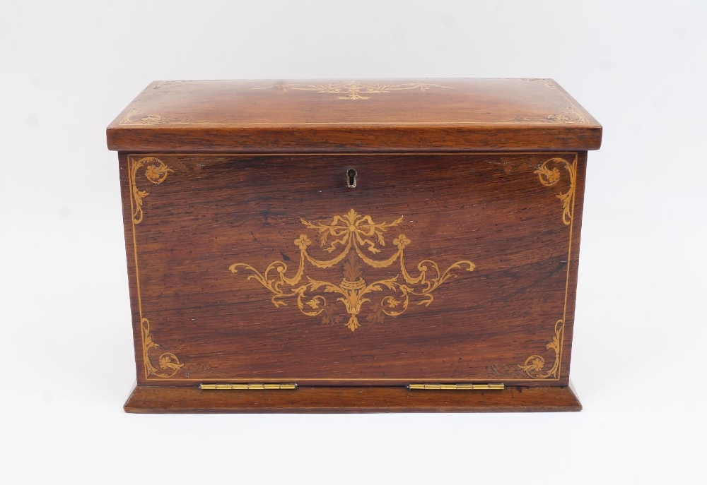 An Edwardian inlaid mahogany stationary box, early 20th century, the hinged lid enclosing letter