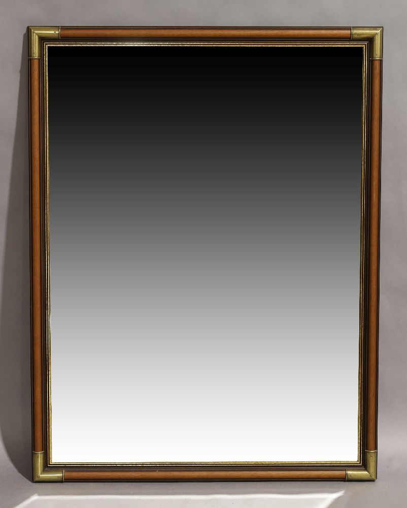 A mahogany framed mirror, late 20th century, with brass mounted corners and bevelled glass plate,