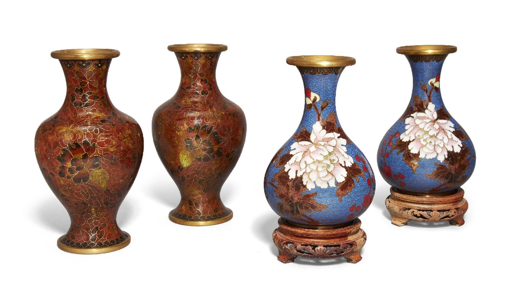 Two pairs of Chinese cloisonné vases, early 20th century, the baluster pair with floral decoration