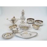 A collection of silver, to include: a twin handled sauce boat and stand, Chester, 1906, Barker