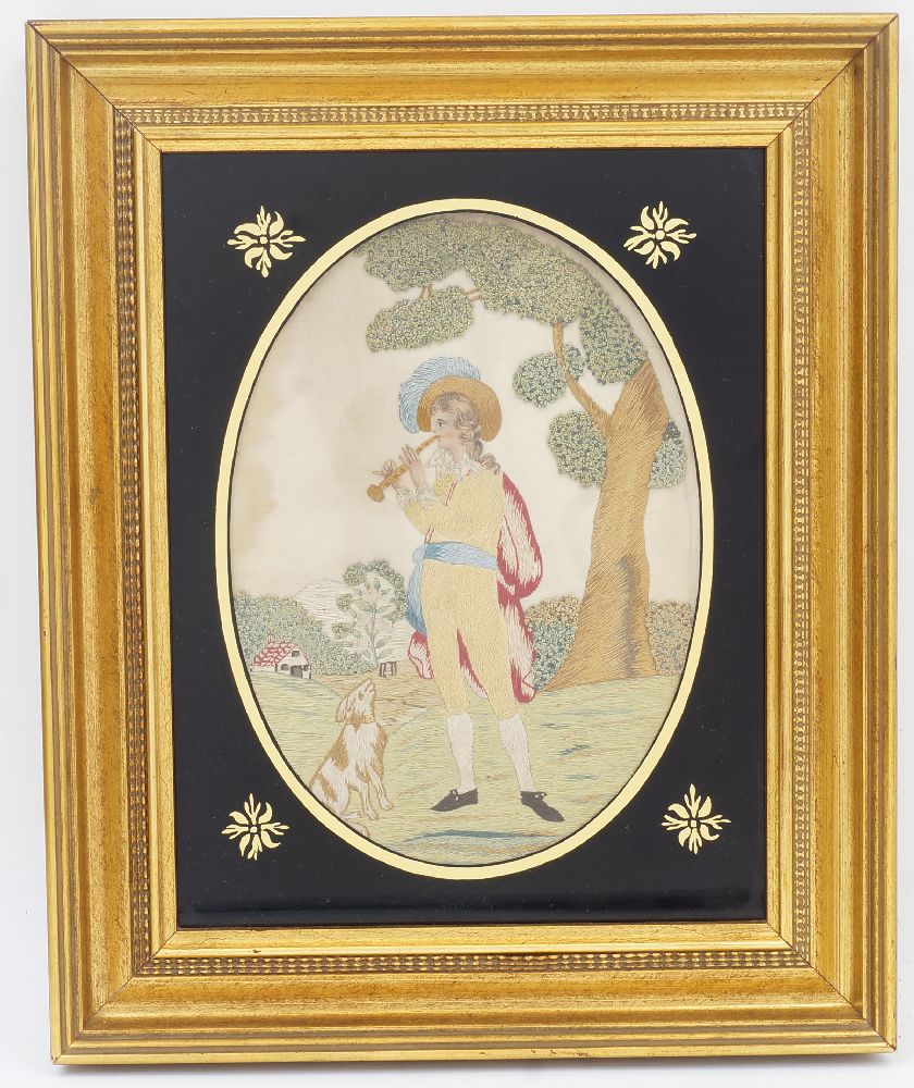 Two framed silk embroidered pictures, 19th century, one depicting The Flight into Egypt, with Joseph - Image 3 of 4