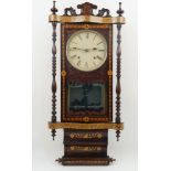 An inlaid rosewood wall clock, early 20th century, the case with floral inlaid decoration and twin