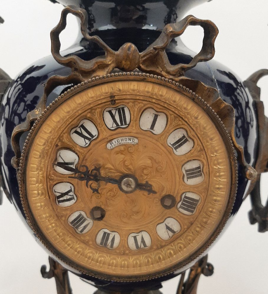 A French gilt-bronze mounted porcelain clock garniture, late 19th century, the case and garniture - Image 2 of 5
