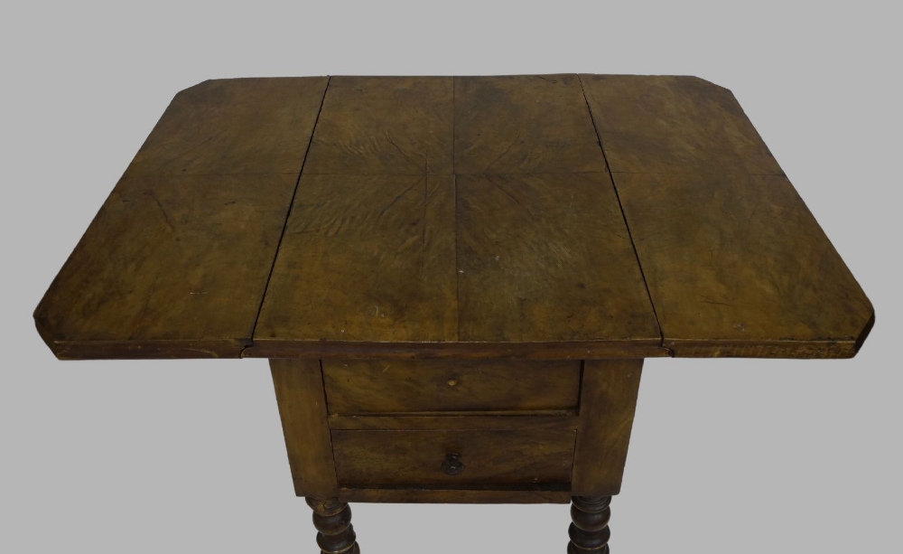 A walnut drop leaf work table, 19th century and later, with two drawer and cupboard door to the - Image 3 of 3