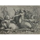 Adamo Ghisi, Italian c.1530-1585- Three putti with dolphins, after Giulio Romano; engraving, 12 x 16