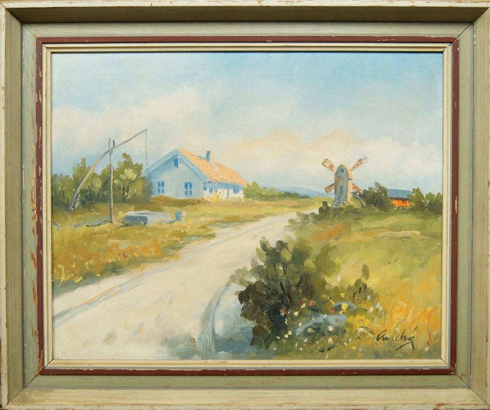 European School, mid 20th century- Landscape with windmill; oil on canvas, indistinctly signed ( - Image 2 of 3