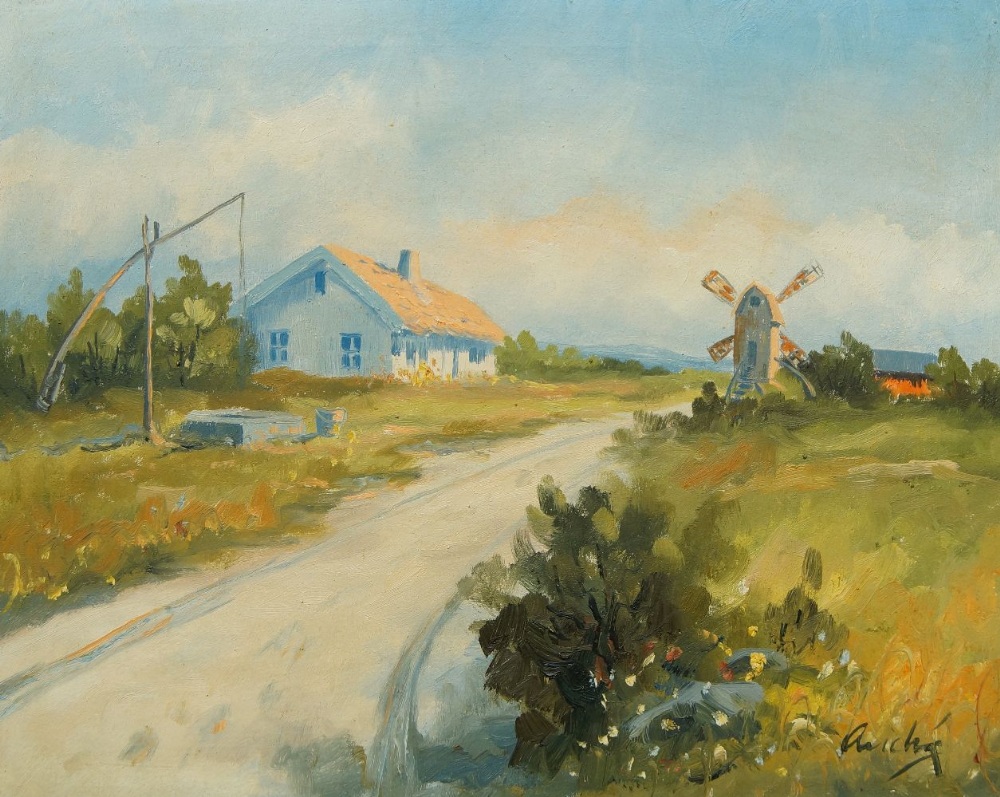 European School, mid 20th century- Landscape with windmill; oil on canvas, indistinctly signed (