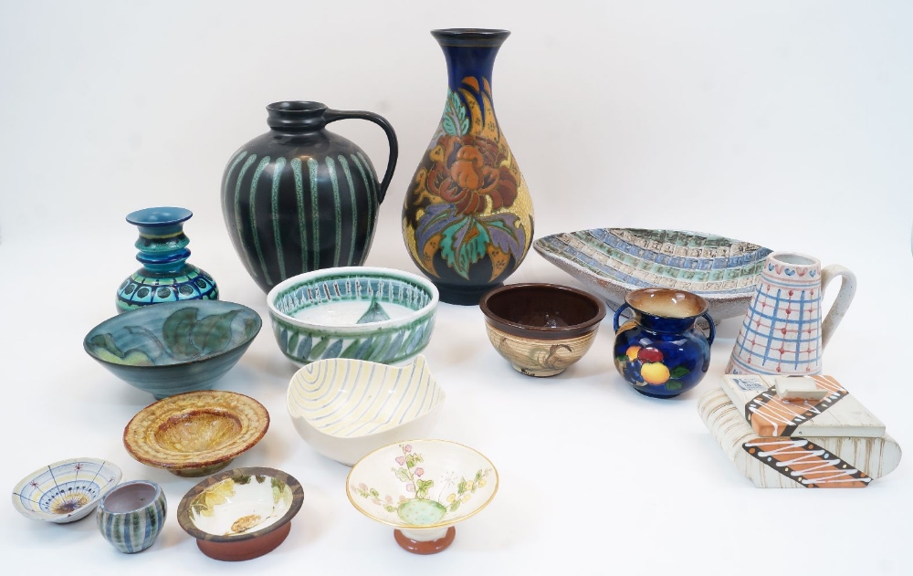 A group of various studio pottery, 20th century, to include: a large Gouda Pottery vase with stick-