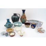 A group of various studio pottery, 20th century, to include: a large Gouda Pottery vase with stick-