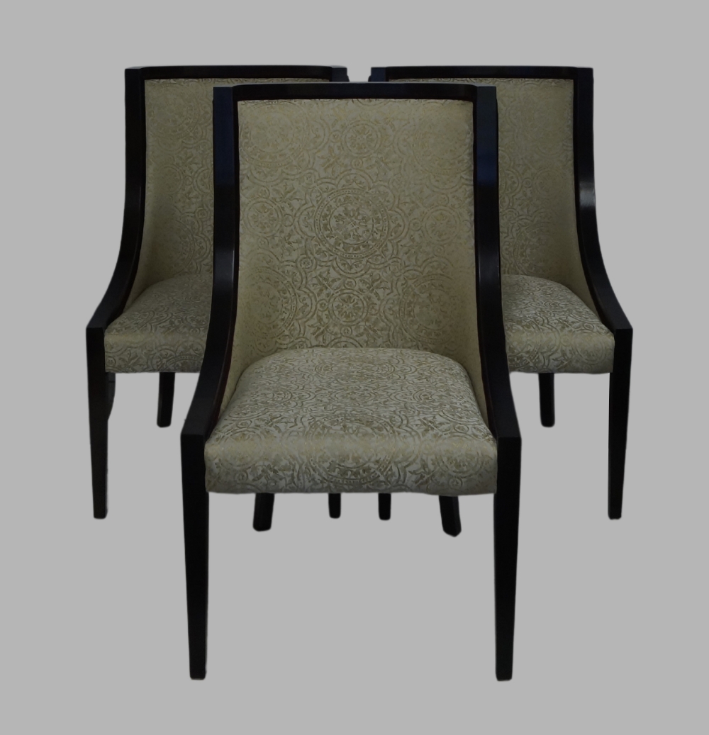 A set of seven contemporary ebonised dining chairs, with cream damask upholstery and red velour - Image 2 of 3