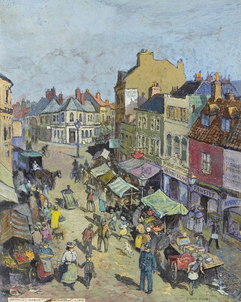 Jack Cross, British, 20th century- Bromley Market (Towards East Street); oil on card, signed and - Image 5 of 8