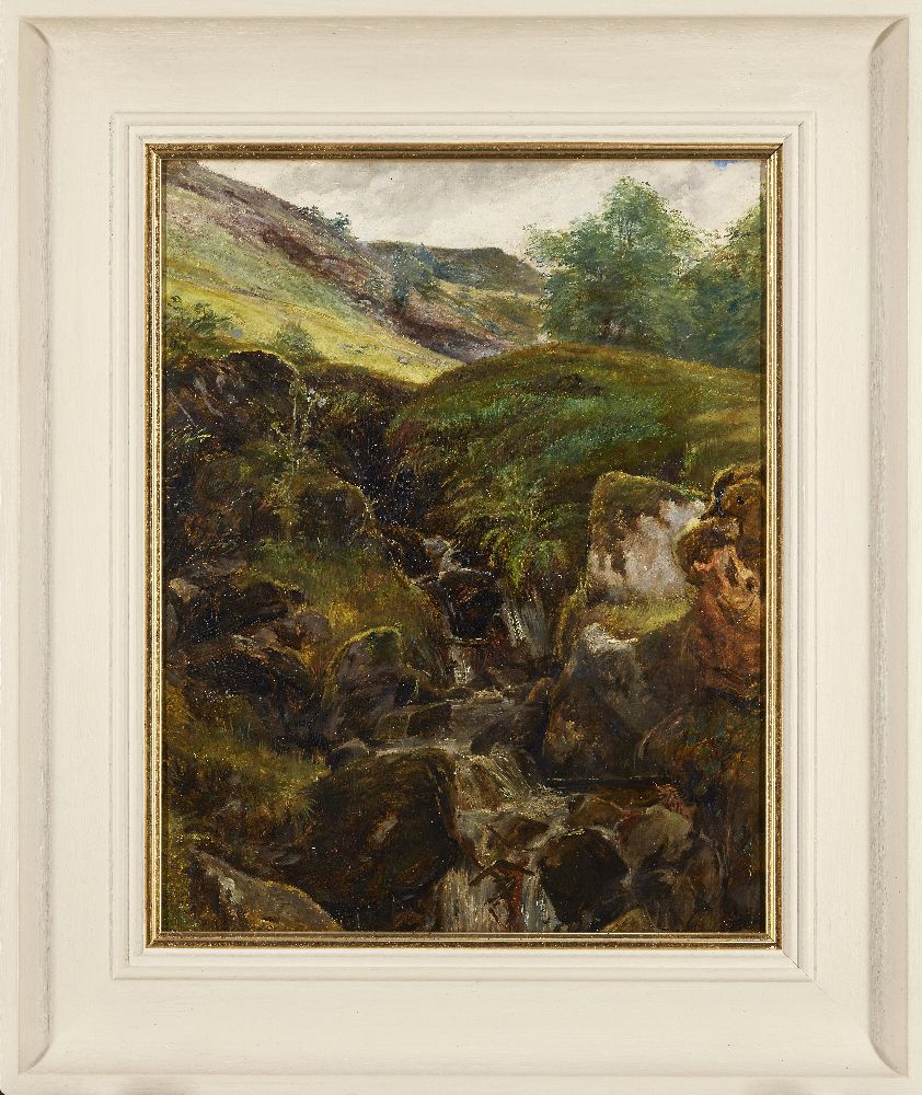 Colin Hunter, ARA RE RI ROI RSW, Scottish 1841-1904- Glen Scene; oil on board, signed on the - Image 2 of 3