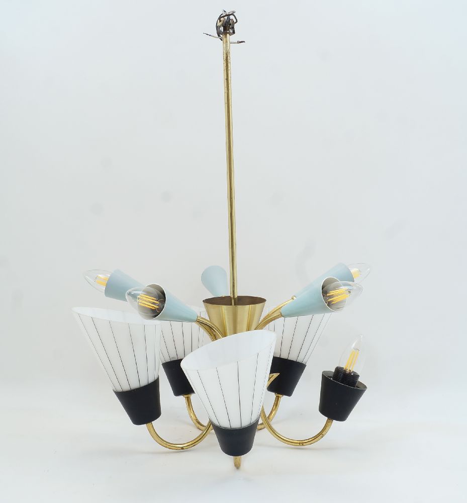 An Italian ten light brass chandelier, c.1950, with four glass shades and five egg shell enamelled