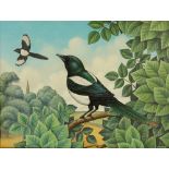 Fred Aris, British 1932-1995- Magpies; oil on panel, signed lower right, 28.5 x 38.5 cm (ARR) Please