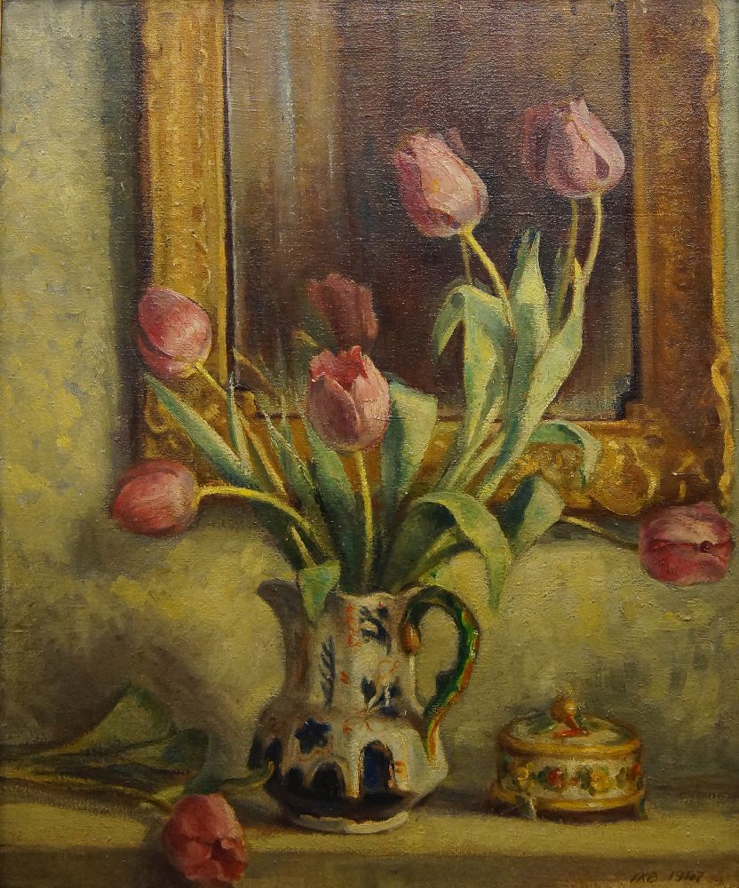 Faith Kenworthy-Browne, British 1882-1973- Flowers before a mirror; oil on canvas, signed with