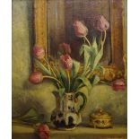 Faith Kenworthy-Browne, British 1882-1973- Flowers before a mirror; oil on canvas, signed with