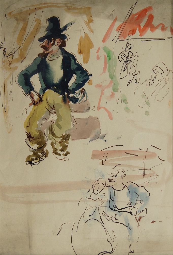 William D. Clyne, Scottish 1922–1981- Study of a man with a feathered hat, and other figures; pen,