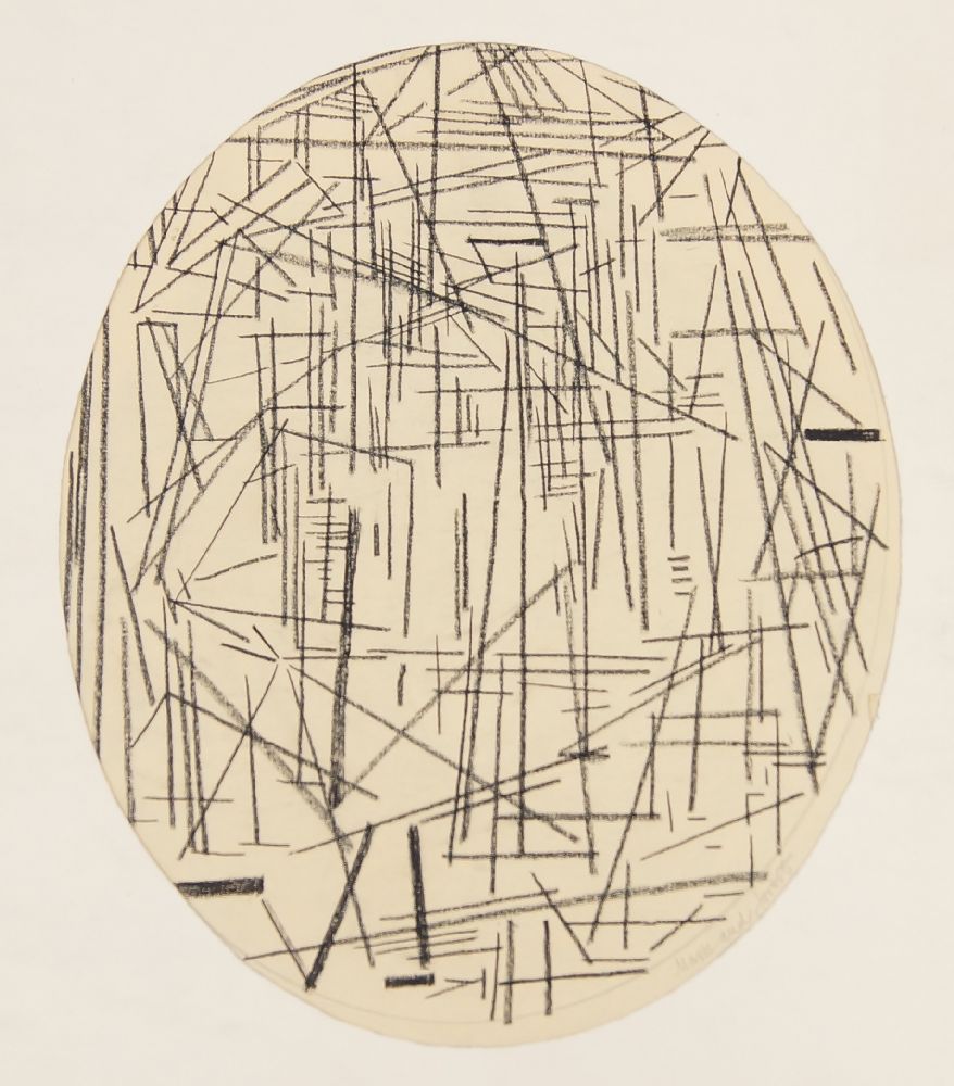 Francis Carr, Hungarian/British 1919-2013- Masts and Forest; charcoal on paper, oval, titled lower